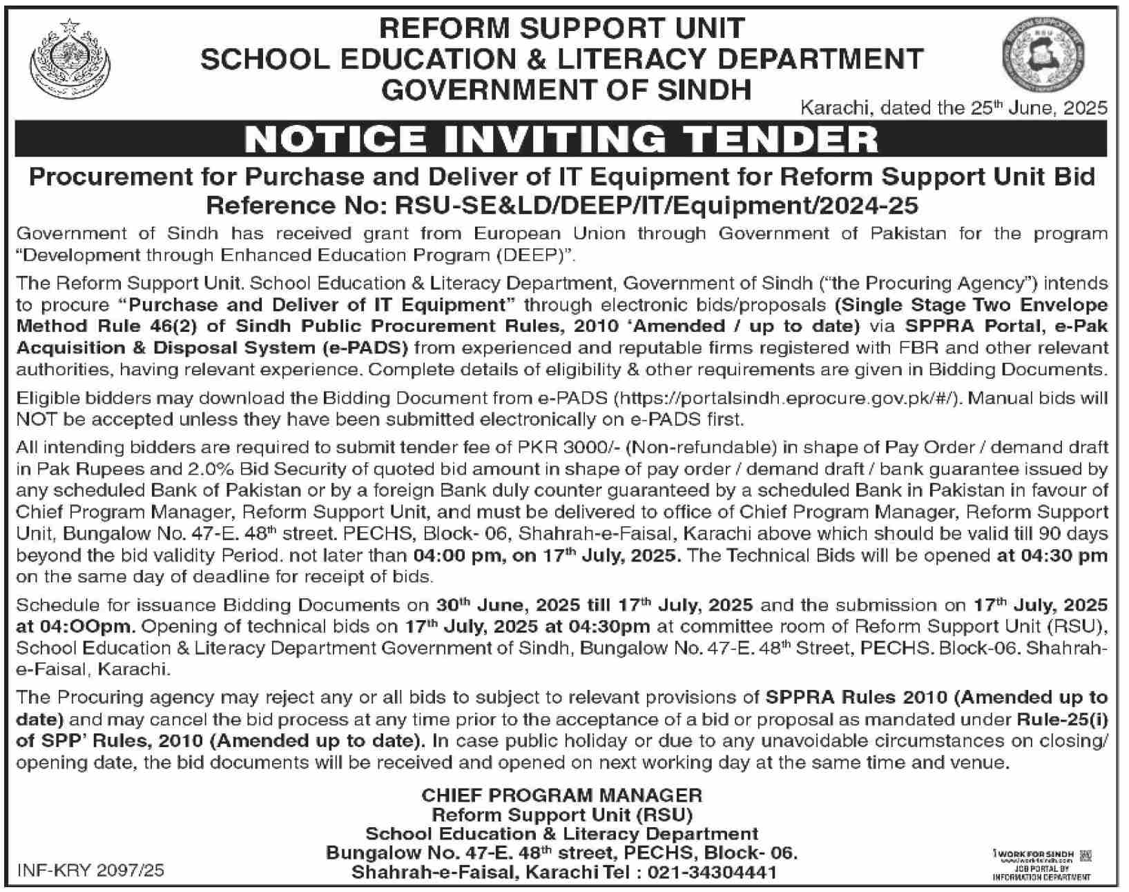 School Education & Literacy Department Karachi Tender Notice